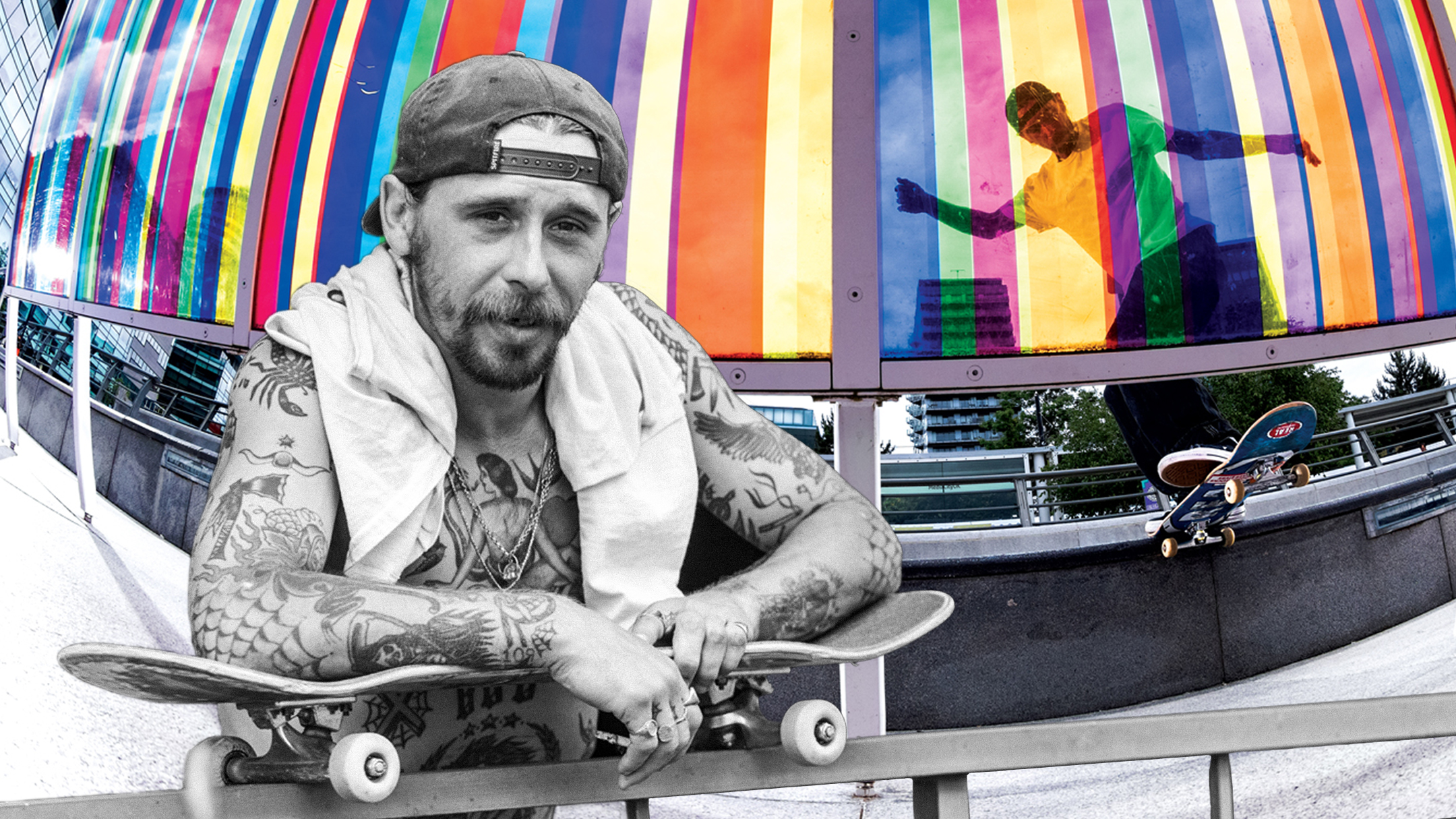 A collage of professional skateboarder Harry Lintell featuring black and white portrait of him in the foreground and colourful photo of him skateboarding behind.